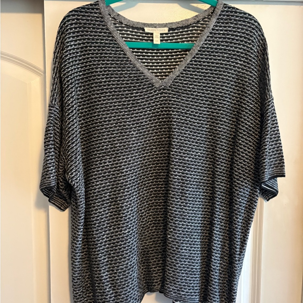 Eileen Fisher Black and White Striped V-Neck Top
